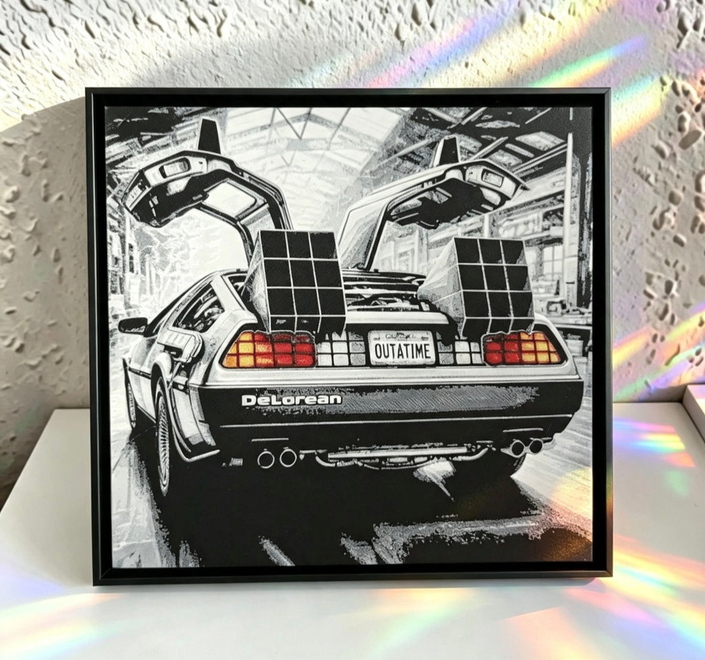 Back to the Future DeLorean 3D HueForge Art — 15cm × 15cm — Framed + Free Stand — Brand New