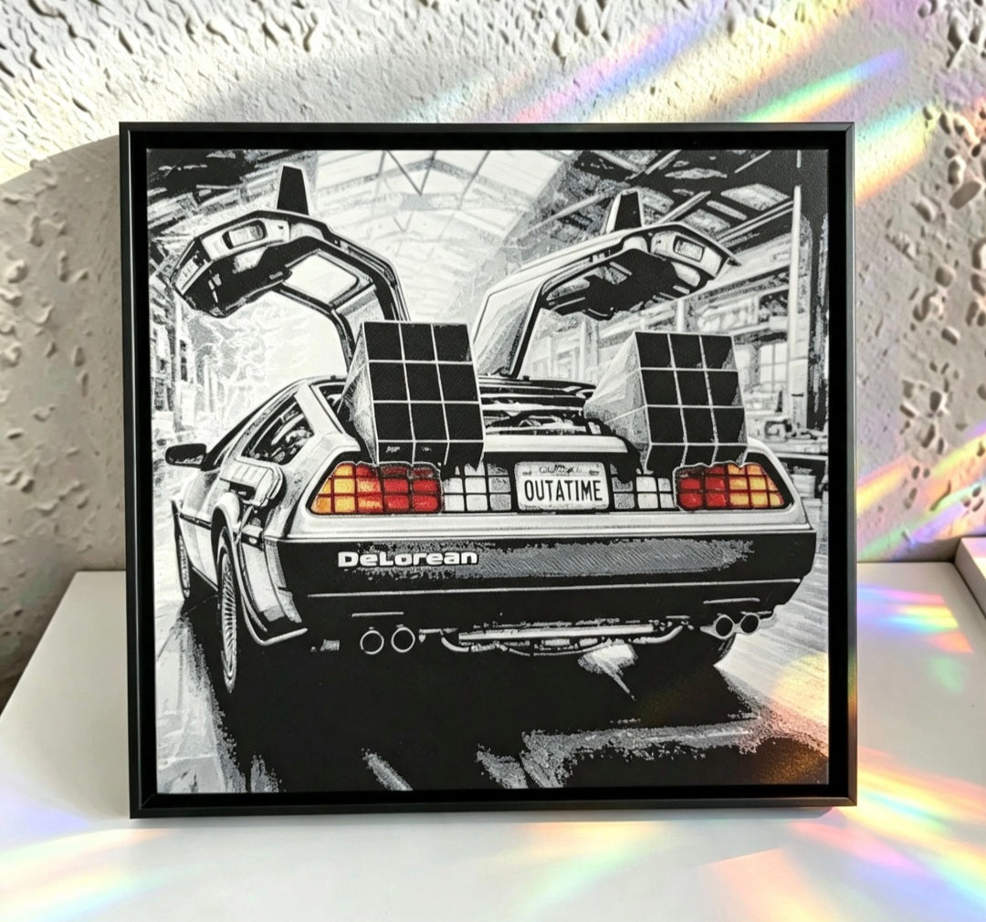 Back to the Future DeLorean 3D HueForge Art — 15cm × 15cm — Framed + Free Stand — Brand New