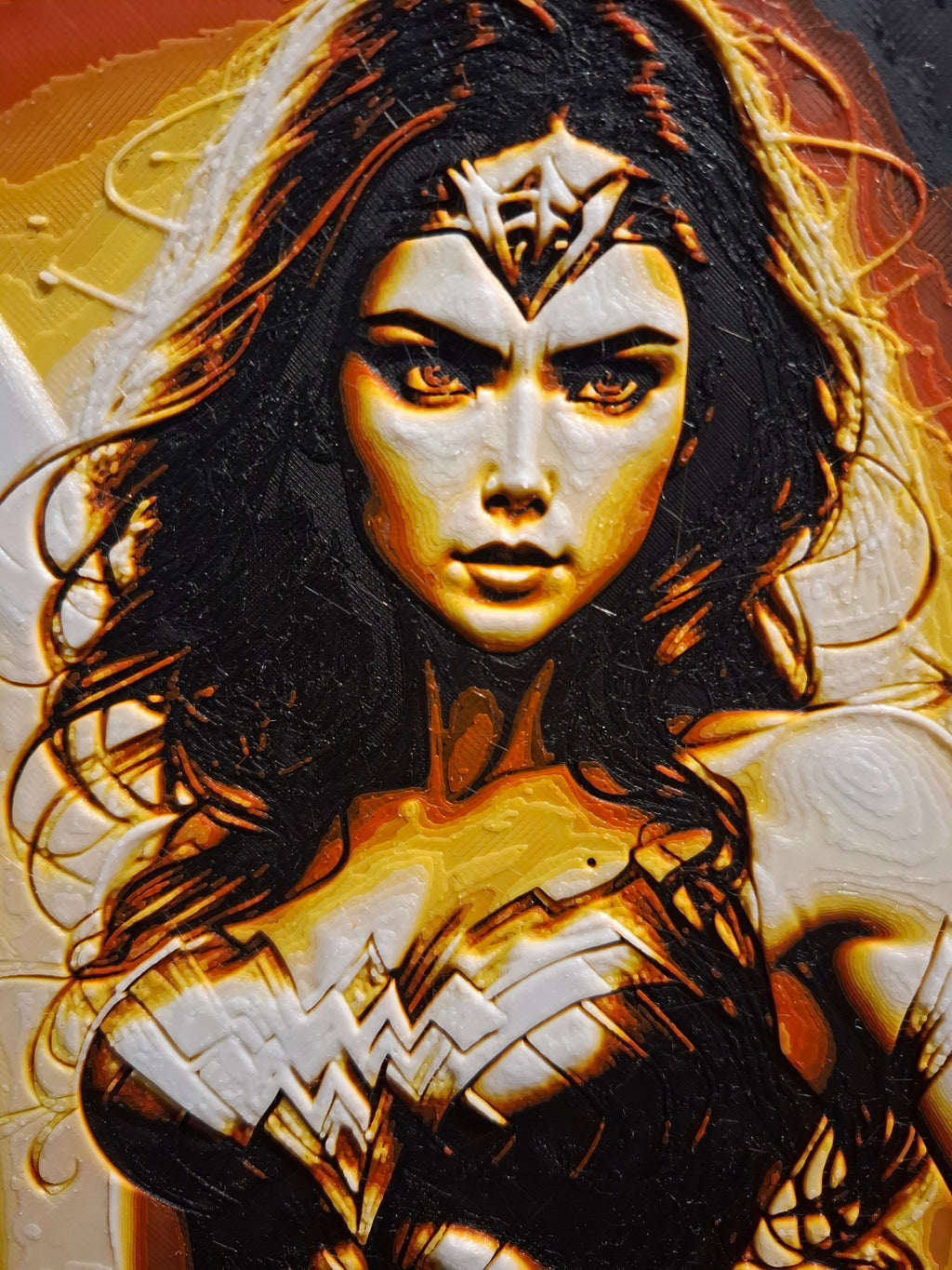 Wonder Woman 3D Printed HueForge Art — 21cm × 16cm — Framed + Free Stand — Brand New