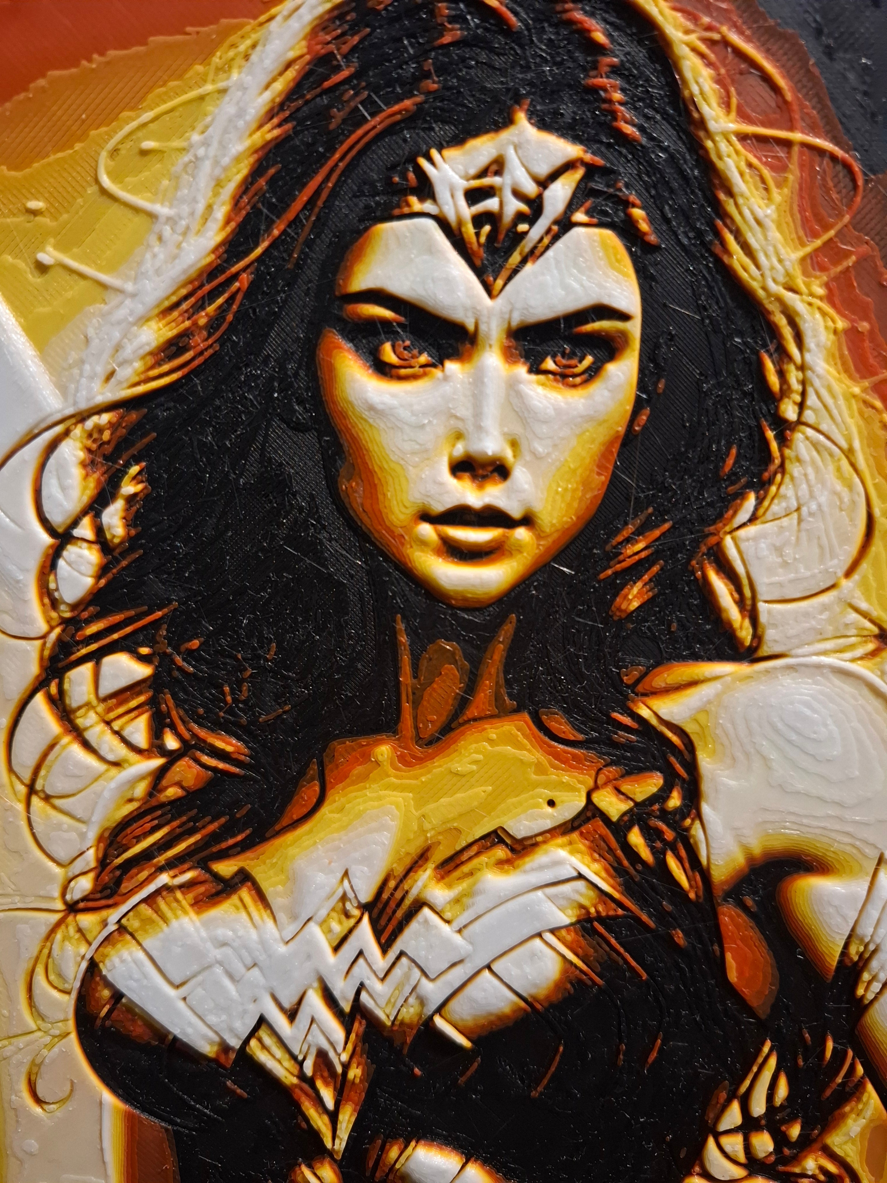 Wonder Woman 3D Printed HueForge Art — 21cm × 16cm — Framed + Free Stand — Brand New