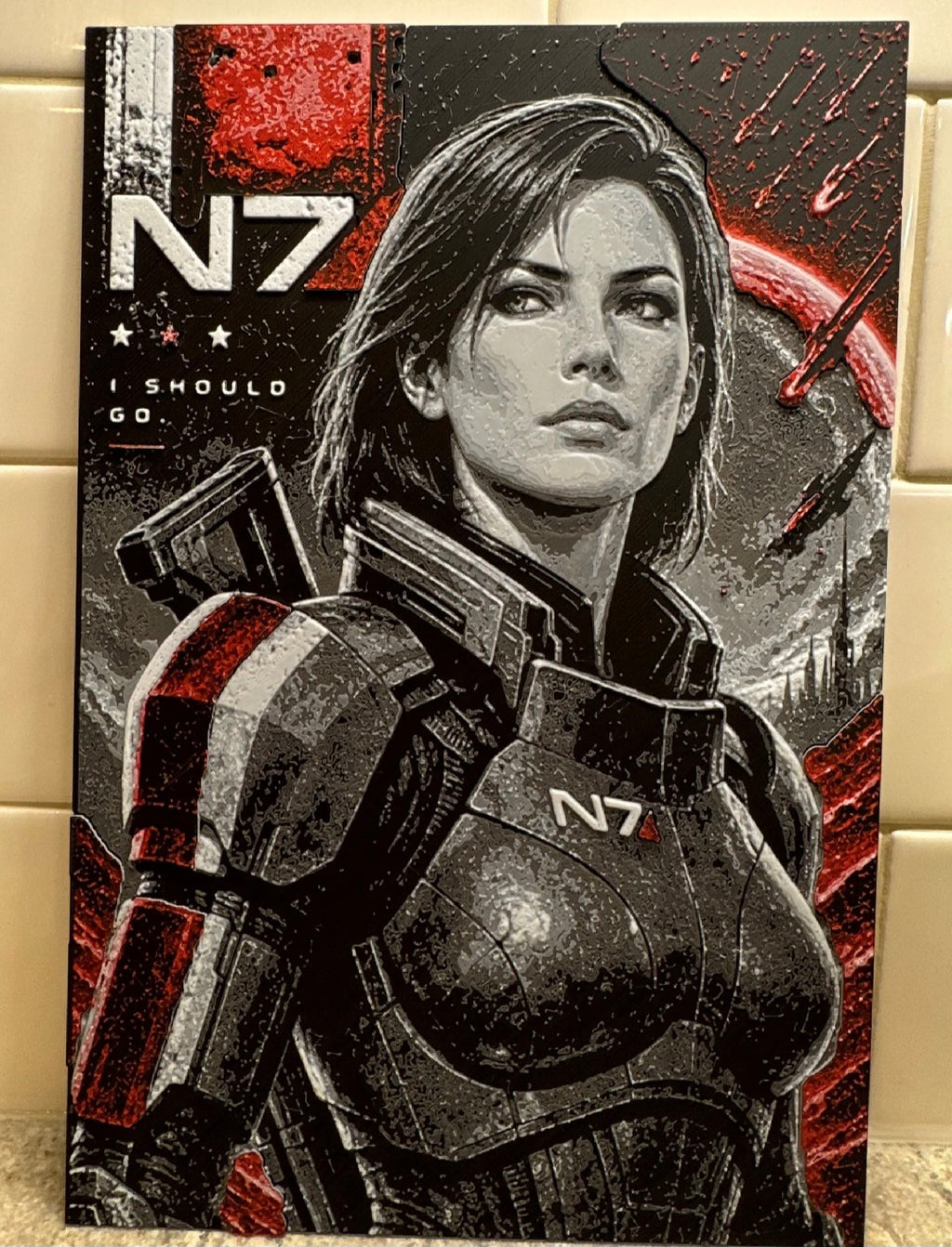 Mass Effect N7 Commander Shepard 3D HueForge Art — 24cm × 16cm — Free Stand — Brand New