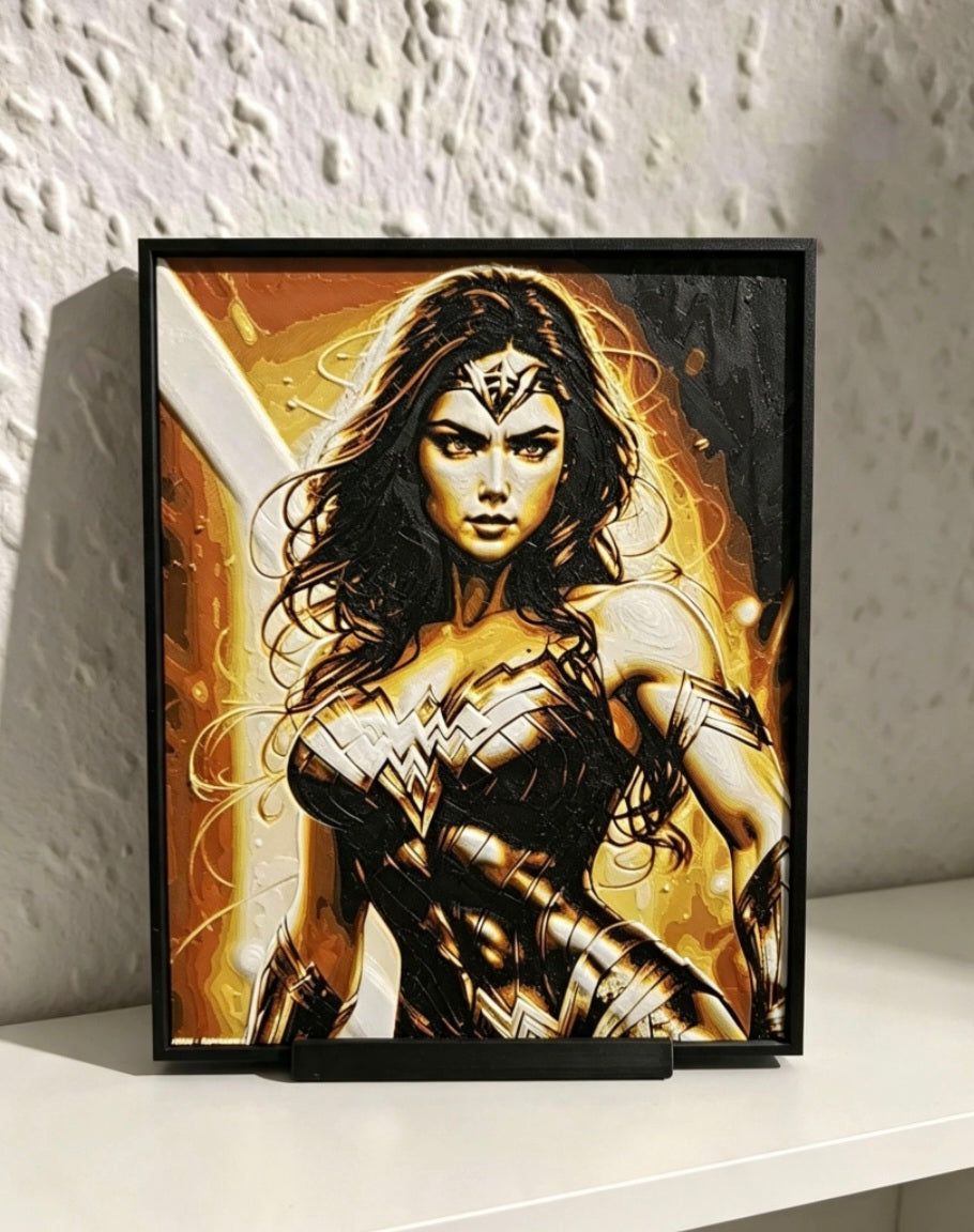 Wonder Woman 3D Printed HueForge Art — 21cm × 16cm — Framed + Free Stand — Brand New