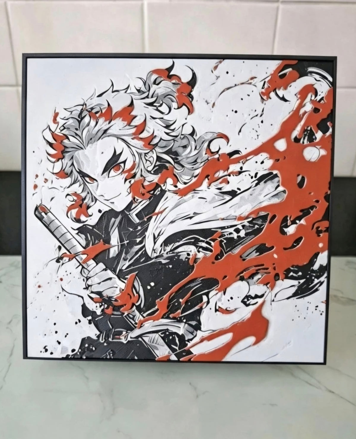 Framed Demon Slayer Rengoku Kyojuro 3D HueForge Art Print | 20×20cm | Free Display Stand | Brand New