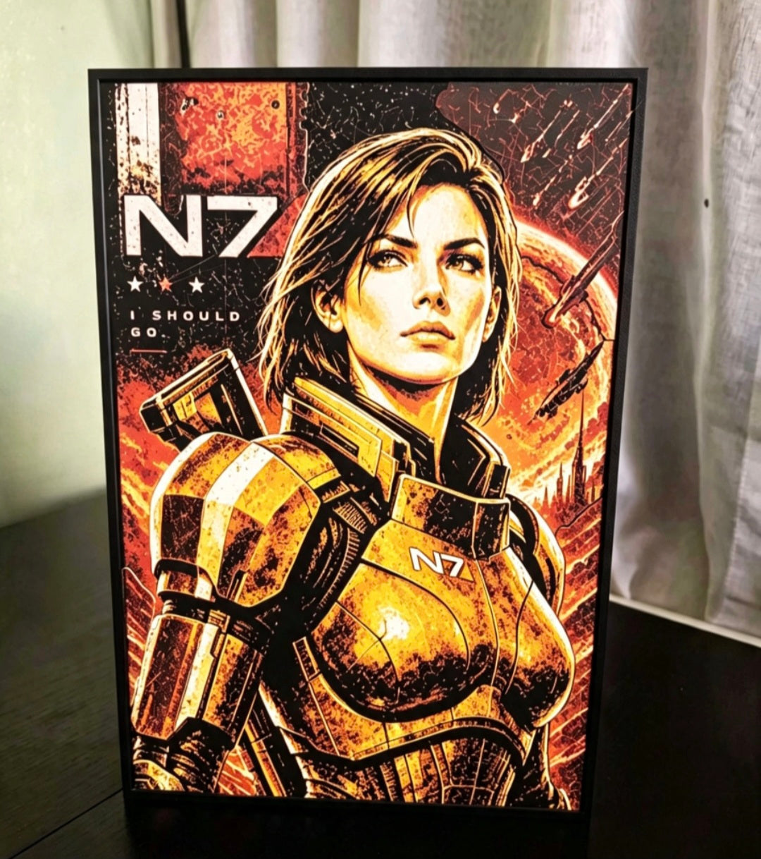 Framed Mass Effect N7 Commander Shepard HueForge 3D Print | 24×16cm + Stand | Brand New