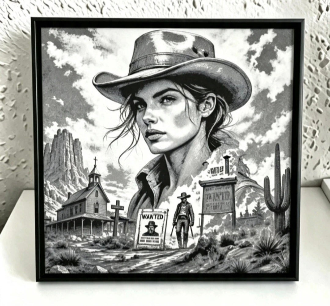 Framed Wild West Cowgirl 3D HueForge Art | 20×20cm | Free Display Stand | Brand New