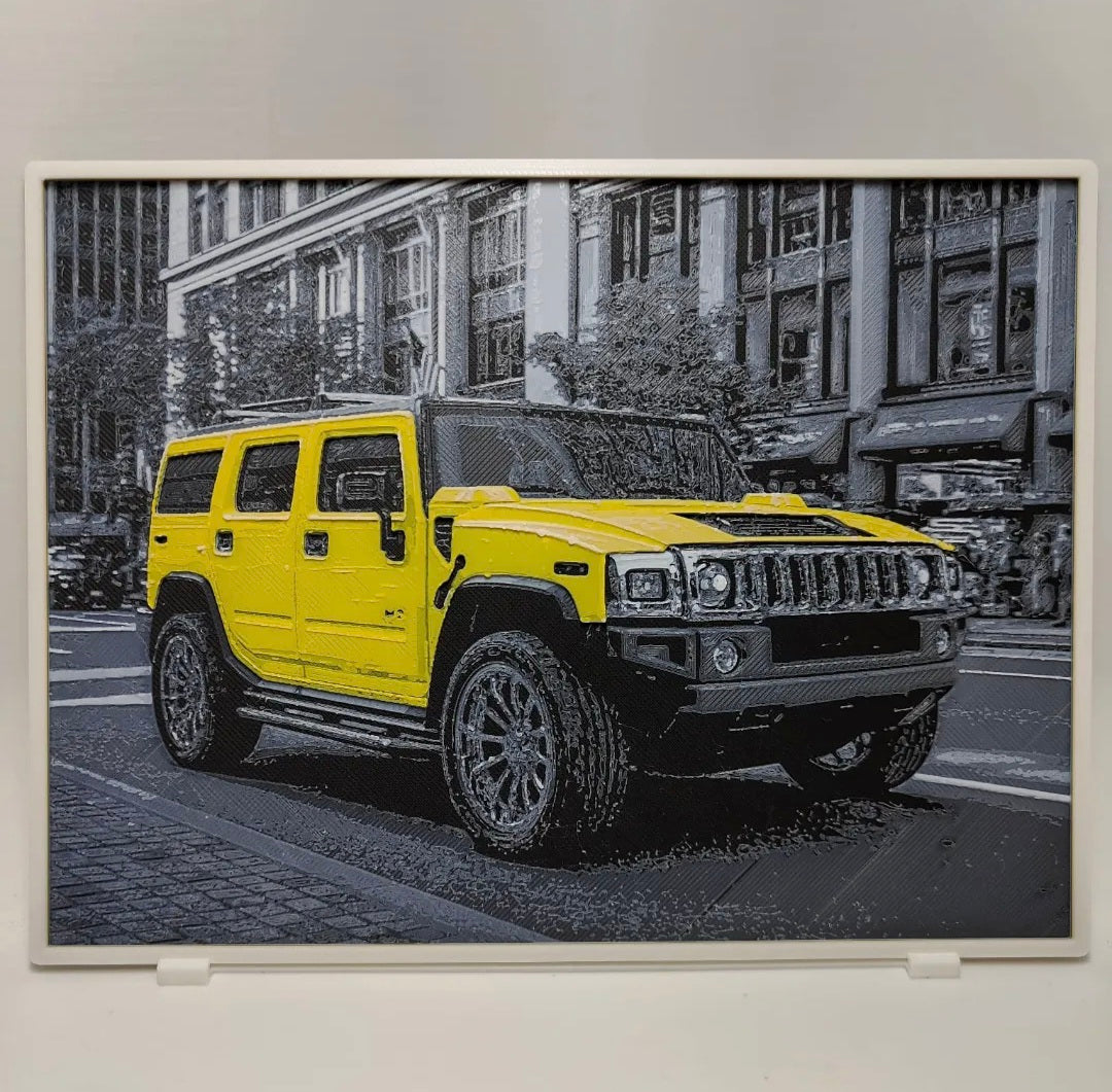 Yellow Hummer H2 3D Printed HueForge Art — 20cm × 15cm — Framed + Free Stand