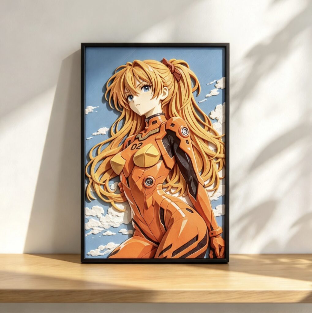 Asuka Langley Evangelion HueForge 3D Layered Art Print — 23cm × 15cm — Framed with Display Stand
