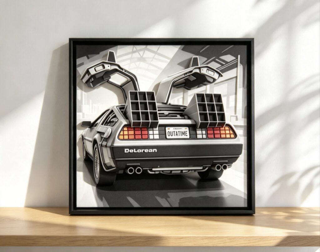 Back to the Future DeLorean — HueForge 3D Layered Art Print | 15cm × 15cm | Framed with Display Stand
